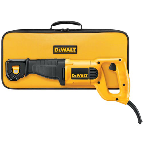 A DeWALT reciprocating saw displayed with its black and yellow carrying case.