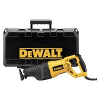A DEWALT reciprocating saw with a yellow and black design next to a black tool case featuring the DEWALT logo.