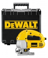 DeWALT jigsaw with yellow and black design next to its protective case.