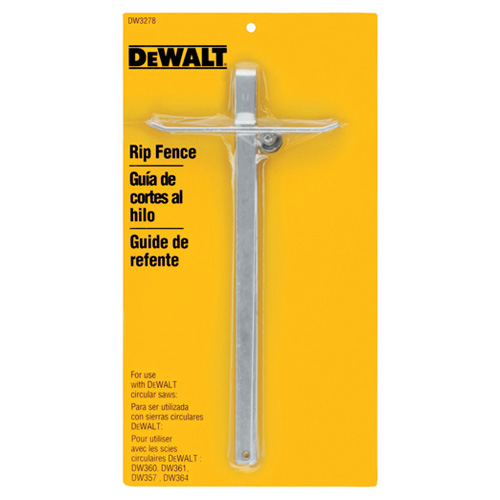 DeWALT rip fence tool packaged on a yellow background, labeled for use with circular saws.