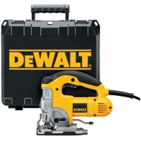 A DeWALT jigsaw with a yellow and black design, next to a black carrying case featuring the DeWALT logo.