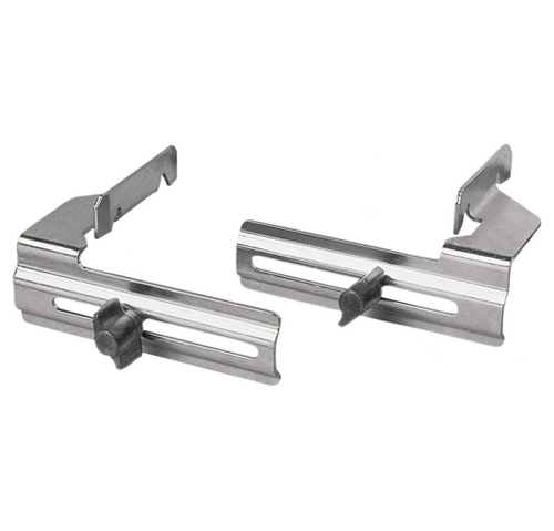 A pair of metal mounting brackets with adjustable features for secure attachment.