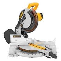 A Dewalt miter saw with a yellow and black design, featuring a circular blade, adjustable arm, and a flat base for cutting wood at precise angles.