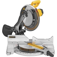 A miter saw with a blade guard and a yellow handle, positioned on a silver base.