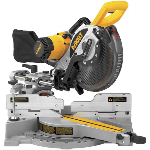 A DEWALT miter saw with a yellow and black design, featuring a circular blade and adjustable cutting arm, mounted on a sturdy base.