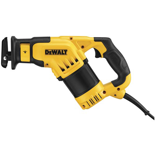 A yellow and black DEWALT reciprocating saw with a corded electric design, featuring a trigger handle and a blade attachment at the front.