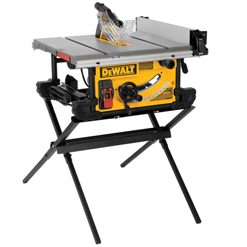 A DEWALT table saw on a foldable stand, featuring a circular blade and adjustable settings for woodworking tasks.