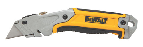 A yellow and silver utility knife with a retractable blade and a textured grip, featuring the DeWALT logo.