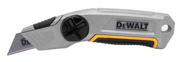 A silver and black retractable utility knife with a yellow accent and DeWALT branding.
