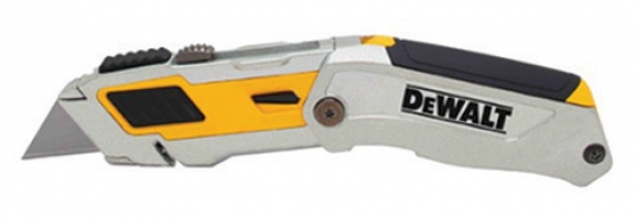 A Dewalt utility knife featuring a retractable blade with a silver and black design, highlighted with yellow accents.