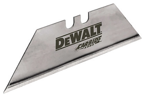 A stainless steel utility knife blade with the Dewalt logo and carbide edge.