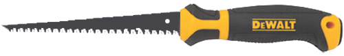 Dewalt hand saw with a black and yellow ergonomic handle and serrated blade.