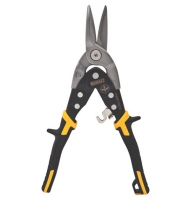 A pair of metal scissors with black and yellow rubberized handles, featuring a curved design for cutting.