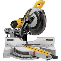 A Dewalt miter saw with a yellow and black design, featuring a large circular blade and a sliding mechanism for cutting wood at various angles.