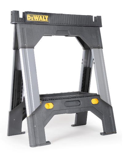 A DEWALT workbench or sawhorse with a sturdy plastic frame featuring a black and gray design and yellow accents.
