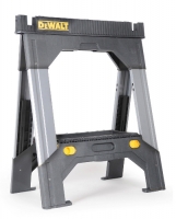A sturdy DEWALT sawhorse with a black and gray structure, featuring yellow accents for stability and support.