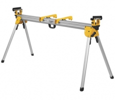 A folding miter saw stand with adjustable supports and legs, designed for stable cutting and easy transport.
