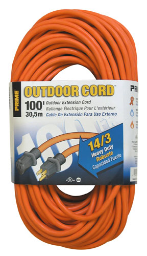 100-foot outdoor extension cord, heavy duty 14/3 gauge, featuring a bright orange color.