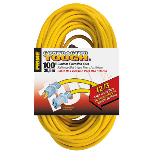 A 100-foot yellow outdoor extension cord with a durable design, displayed in its packaging, labeled as 'Contractor Tough' and featuring 12/3 gauge wiring.