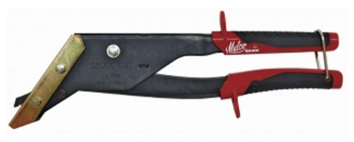 A pair of metal and rubber-handled locking pliers, featuring a curved jaw and a silver metal tip.