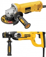 Image of a DeWALT angle grinder and a rotary hammer drill, both featuring a yellow and black design.