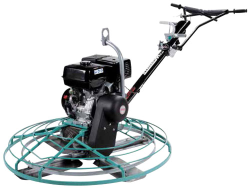 A gas-powered concrete trowel machine with a circular finishing blade and a handle for maneuvering.