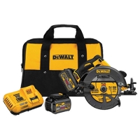 A DeWALT circular saw kit featuring a circular saw, battery, charger, and carrying bag.