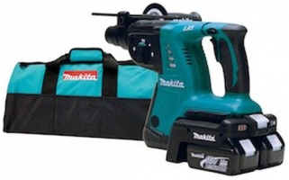 A Makita cordless power tool with a teal and black design, accompanied by a black tool bag featuring the Makita logo.