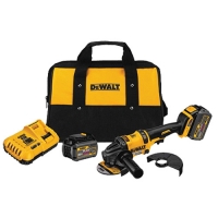 A DEWALT cordless tool kit featuring a grinder, battery, charger, and carrying bag.
