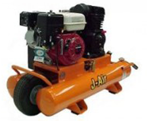 Portable air compressor with a bright orange tank and a black engine mounted on top.