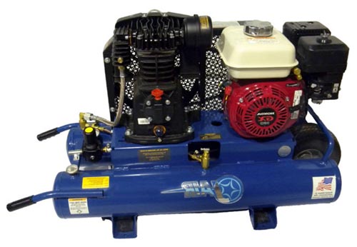 A blue air compressor featuring a gasoline engine and a black compressor head, equipped with hoses and control knobs.