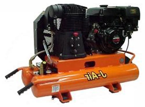 A portable air compressor with a black electric motor mounted on an orange tank, featuring various controls and hoses attached.