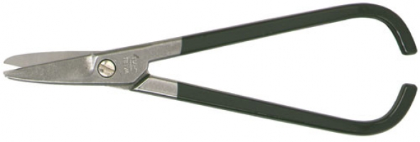 A pair of metal scissors with black plastic handles.