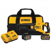 A DEWALT cordless reciprocating saw kit featuring a saw, two batteries, a charger, and a carrying bag.