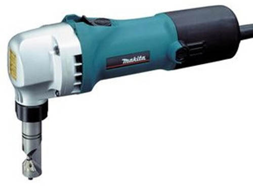 An electric shears tool with a teal and black design, used for cutting sheet metal.