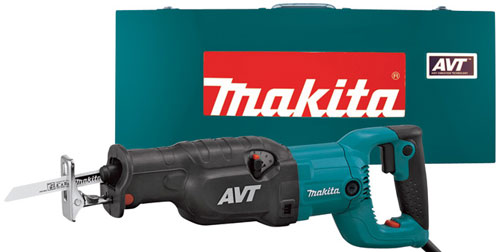 Makita AVT reciprocating saw with blade attached, displayed next to its teal carrying case.