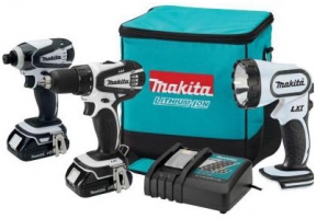 A set of Makita power tools including a drill, impact driver, and flashlight, displayed in a teal carrying bag with a charger.