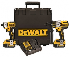 A set of DEWALT power tools including a drill, an impact driver, a battery charger, and a carrying case.