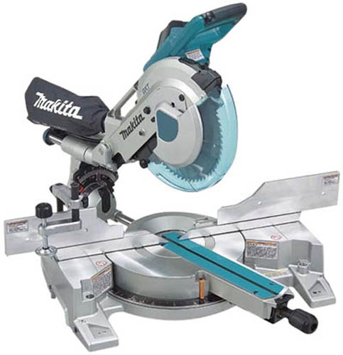 A Makita miter saw with a circular blade, adjustable angles, and a stable base for precise cutting.