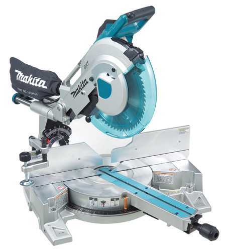 A Makita compound miter saw with a clear blade guard, adjustable angles, and a sturdy base for precise cutting.