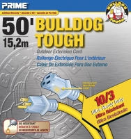 Packaging of a 50-foot Bulldog Tough outdoor extension cord, featuring a yellow cord and blue connectors.