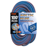 A roll of Arctic Blue 100-foot electrical extension cord, featuring a blue and red design, labeled with specifications including 30m length and 14/3 gauge.