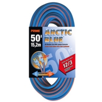 A 50-foot Arctic Blue extension cord, featuring a 12/3 gauge, designed for outdoor use. The packaging displays the product name and specifications.