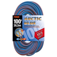 Coiled 100-foot Arctic Blue extension cord with a durable design, featuring a red and blue color scheme, labeled with specifications including 12/3 gauge and 30.5 meters.