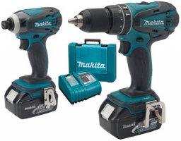 A Makita power tool set featuring a cordless drill and impact driver, with a battery and charging station included.