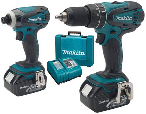 A set of Makita power tools including a cordless drill and impact driver, with a battery and charger, all featuring the signature teal and black design.