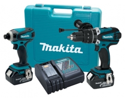 Makita power tool kit featuring an impact driver and a drill, accompanied by two battery packs and a charger, all housed in a blue carrying case.
