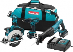 A set of Makita power tools including a circular saw, a drill, a reciprocating saw, a battery charger, and a carrying bag.