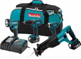 A set of Makita power tools including a drill, impact driver, reciprocating saw, battery charger, and a carrying bag.