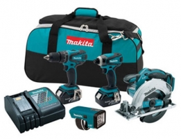 A Makita tool set featuring two cordless drills, a circular saw, a battery charger, a measuring tool, and a carrying bag.